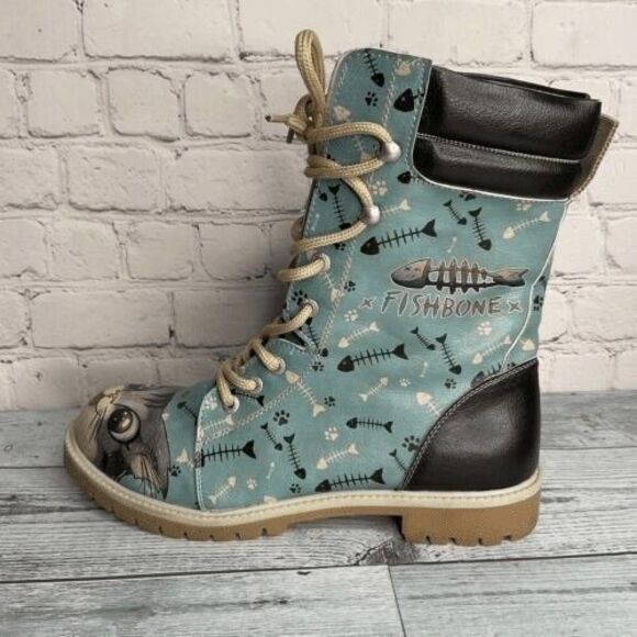 Dogo Blue Fishbone Lover Lace Up Vegan Boots Women Size 40/US9-9.5 - Picture 1 of 13
